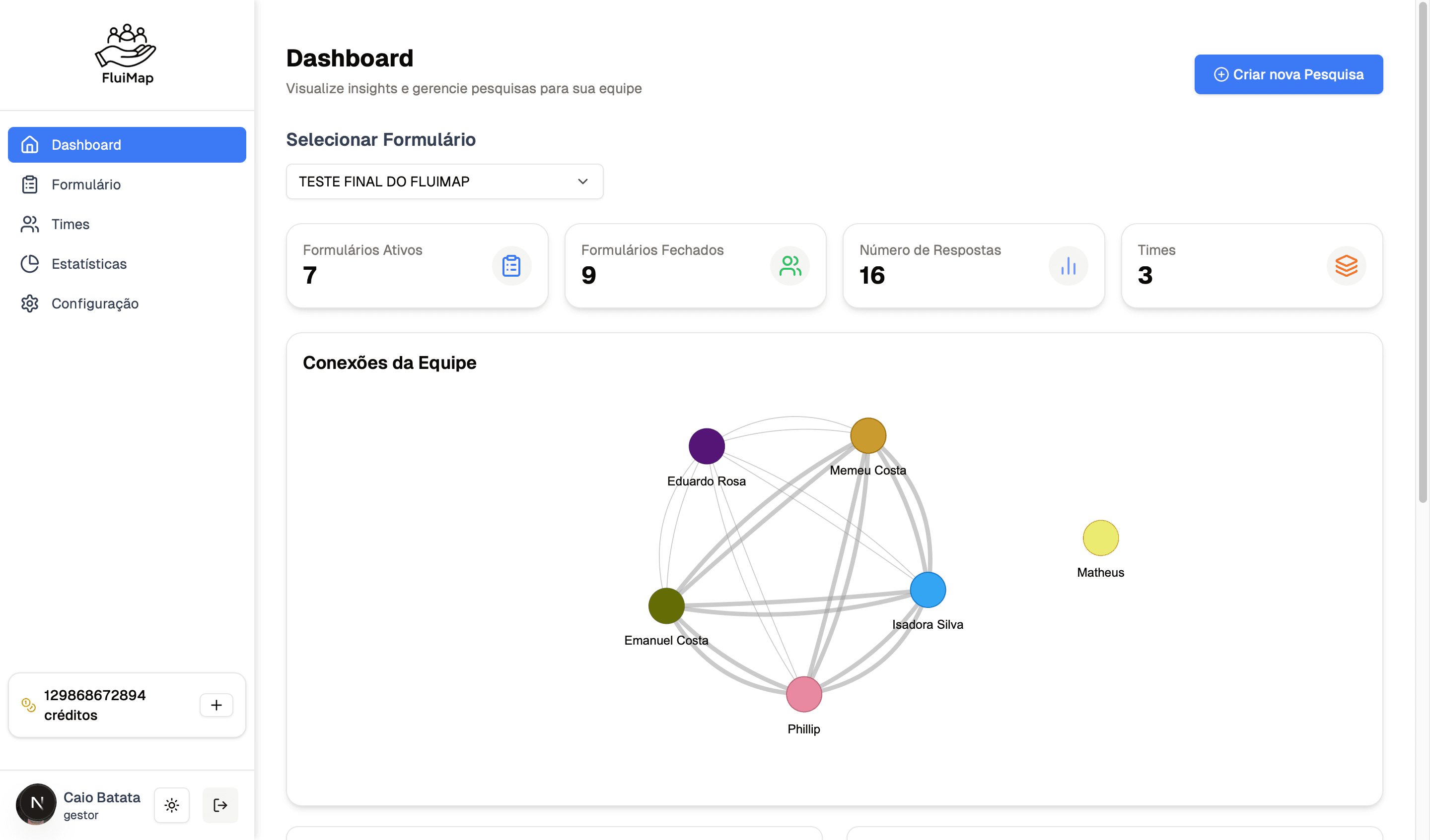FluiMap results dashboard with the team network graph